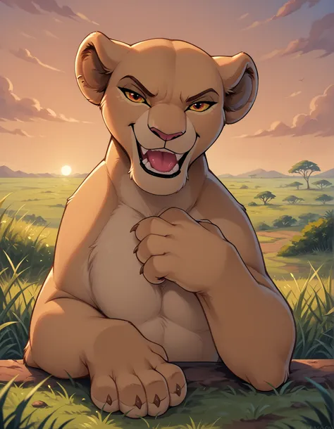 solo, Lioness, Feral, smile, open mouth, tongue, sharp teeth, grin, (looking at viewer, sitting, africa, sunset, grass, front view, detailed background, upper body, narrowed eyes, 4 fingers, paws, hand on own chest, angry, side view