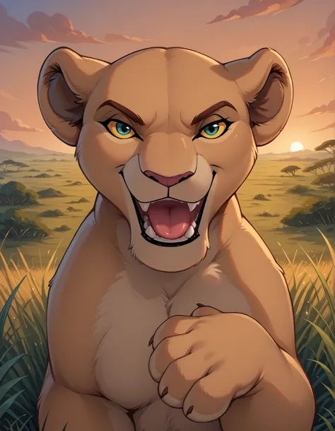 solo, Lioness, Feral, smile, open mouth, tongue, sharp teeth, grin, (looking at viewer, sitting, africa, sunset, grass, front view, detailed background, upper body, narrowed eyes, 4 fingers, paws, hand on own chest, angry