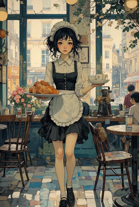 A waitress in a Paris cafe, painted in the style of impressionism. A young woman in a traditional black and white waitress outfit carries a tray with coffee and a croissant. The background is a cozy French cafe with round tables, dark wood chairs and large...