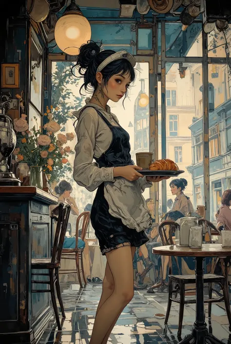 A waitress in a Paris cafe, painted in the style of impressionism. A young woman in a traditional black and white waitress outfit carries a tray with coffee and a croissant. The background is a cozy French cafe with round tables, dark wood chairs and large...