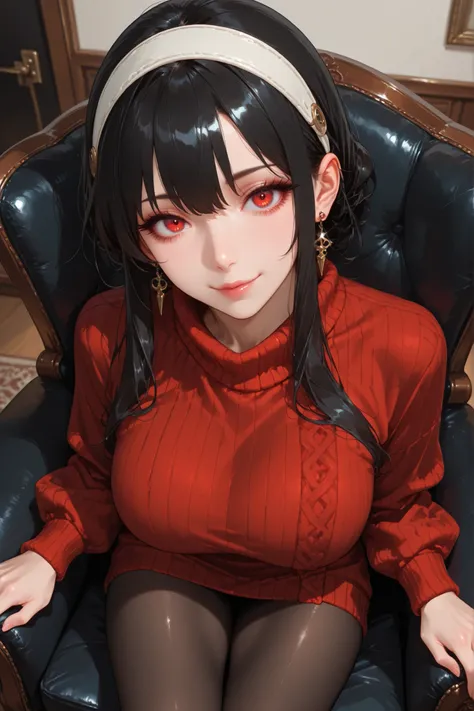  1girl, Yor Forger, solo, red eyes, detailed eyes, long eyelashes, beautiful eyes, beautiful face, beautiful hair, black hair, mature, hairband, earrings, jewelry, sidelocks, breasts, red sweater, bangs, white hairband, pantyhose, sitting in armchair, in l...