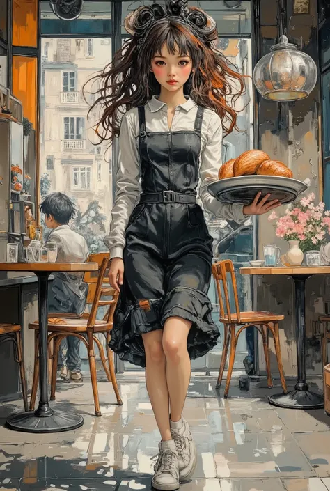 A waitress in a Paris cafe, painted in the style of impressionism. A young woman in a traditional black and white waitress outfit carries a tray with coffee and a croissant. The background is a cozy French cafe with round tables, dark wood chairs and large...