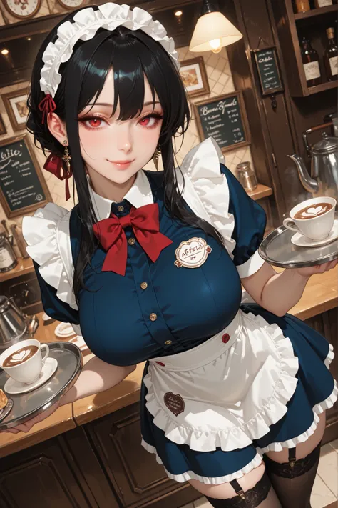  1girl, Yor Forger, solo, red eyes, detailed eyes, long eyelashes, beautiful eyes, beautiful face, beautiful hair, black hair, mature, earrings, jewelry, sidelocks, breasts, blue maid outfit, white apron, white maid headband, high stockings, garters, red r...