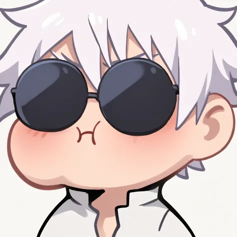 masterpiece, best quality, emote, chibi, 1boy, male focus, gojou satoru, jujutsu kaisen, white hair, white eyelashes, blue eyes, covered eyes, black round sunglasses, white shirt, unbuttoned collar, upper body, blush, pout, white background, simple background,