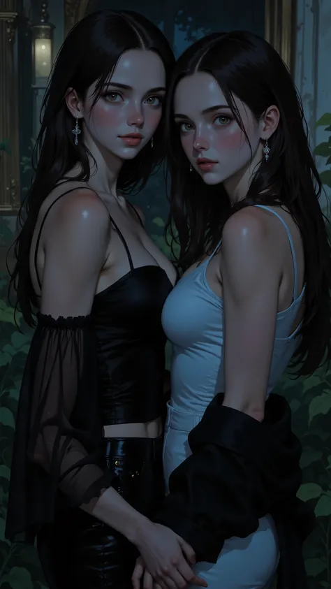 masterpiece, best quality, 2 girls, vampire family, full figure skinny twin sisters, lesbian family, cinematic, moonlight night, best quality, full body shot, an elegant tall slender girl, 16k, perfect and deep shadows, detailed eyes, full body shot, high ...