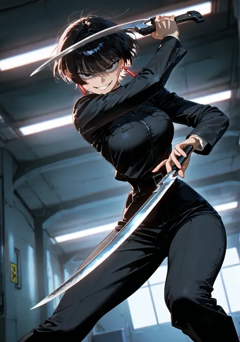 (anime coloring),(anime style),(masterpiece:1.2), (best quality:1.2), (very aesthetic:1.2), (absurdres:1.2), (detailed background:1.2),(newest),(highly detailed),(dynamic lighting), kagari hiyuki (kagurabachi),1girl, kagari hiyuki, black hair, short hair, ...