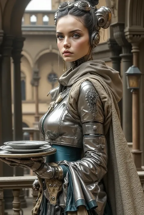 (masterpiece), (hyperrealistic), (8 k, super sharp), (cinematic lighting), (photographic depth of field), ((futuristic humanoid robot waitress), smooth silver and chrome limbs, open joints, glowing blue eyes, elegant pose in an exquisite Renaissance outfit...