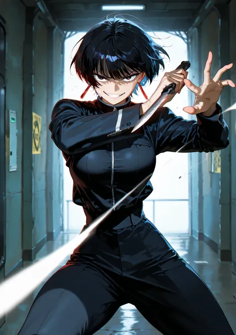 (anime coloring),(anime style),(masterpiece:1.2), (best quality:1.2), (very aesthetic:1.2), (absurdres:1.2), (detailed background:1.2),(newest),(highly detailed),(dynamic lighting), kagari hiyuki (kagurabachi),1girl, kagari hiyuki, black hair, short hair, ...