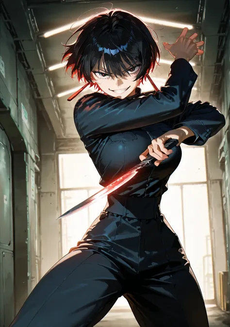 (anime coloring),(anime style),(masterpiece:1.2), (best quality:1.2), (very aesthetic:1.2), (absurdres:1.2), (detailed background:1.2),(newest),(highly detailed),(dynamic lighting), kagari hiyuki (kagurabachi),1girl, kagari hiyuki, black hair, short hair, ...