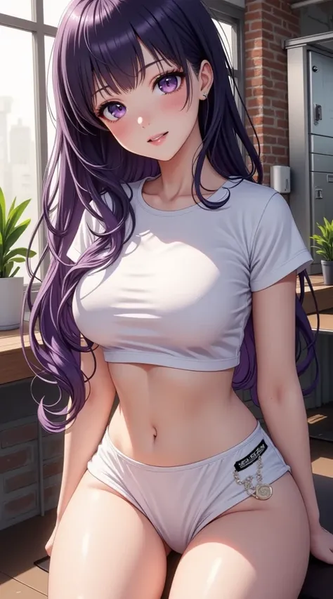  (masterpiece,  computer, mejor quality,  Clear focus, shadow, anime style, ultra high resolution, 8K, perfect anatomy, perfect face, (detailed face), (  Detailed eye  ), score_9, score_8_above, score_7_above, score_6_above, score_5_above, score_4_above,  source _animated, Label 1, Label2, quality_masterpiece, Anatomically correct, beautiful face, perfect face, Beautiful and highly detailed face and eyes, Attractive face, detailed face, Delicate facial features, detailed skin, huge breasts, breast size cup D or DD, wide hips, gigantic butt, thick thighs. looking at the spectator. anime-style illustration of a beautiful woman with an elegant and sensual look. Anime girl with a youthful and attractive appearance, with long, straight dark purple hair that reaches her waist. She has large bright purple eyes and a sweet expression while smiling slightly. He wears a very tight white t-shirt and short that highlights her prominent bust, and a black school-style miniskirt, with a small decorative metal pin on her side. She wears a blue scrunchie on her right wrist. The background shows a modern and well-lit interior environment, with a decorative plant, metal lockers and brick walls. anime art style,  with soft lighting , vibrant colors and high level of detail.
