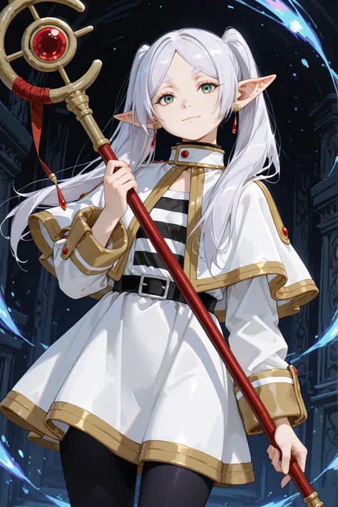 1girl, frieren, twintails, long hair, jewelry, staff, earrings, short eyebrows, holding staff, green eyes, dress, white hair, holding, pantyhose, elf, thick eyebrows, capelet, closed mouth, mage staff, long sleeves, striped shirt, parted bangs, gold trim, ...
