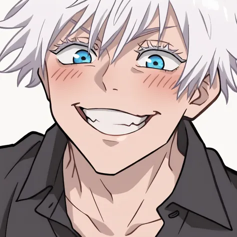 masterpiece, best quality, emote, chibi, 1boy, male focus, gojou satoru, jujutsu kaisen, white hair, white eyelashes, blue eyes, alternate costume, layered clothes, black shirt underneath, white collared shirt, unbuttoned collar, upper body, grin, blush, white background, simple background,