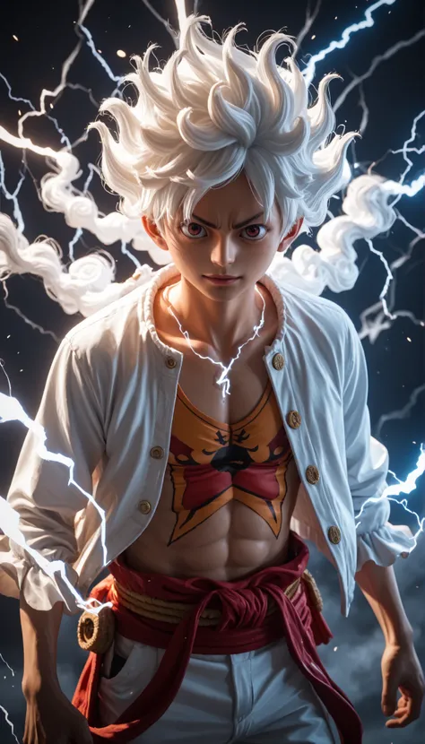 Monkey D. Luffy in Gear 5 form, 3D anime-realistic style, dynamic lightning effects, white flowing hair, intense facial expression, glowing aura, high detail, cinematic background, dramatic lighting, full power effect.