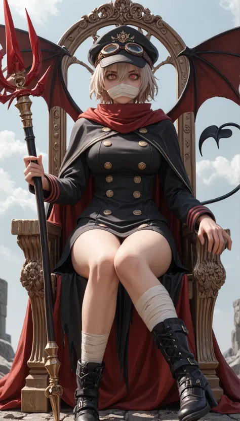 GunkoOP, 1girl, solo, light hair, short hair, hair between eyes, heterochromia, dark right eye, death stare, light left one, scary eyes, lower half of her face bandages, covered mouth, dark scarf, devil wings, devil tail,  large breast, thick muscular thig...