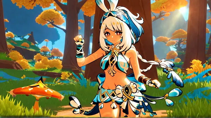 1 girl only, original, from the video game Genshin Impact, forest with its characteristic clothing, pose sexy, (Natlan in the background)