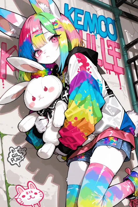 1 girl, (Furry, kemono:1.4), Rabbit Girl, animal nose, Rabbit ears, animal ears plush, solo, (random color hair, colorful hair), (Harajuku style decoration punk fashion), (girls wear multi-layered colorful clothing:1.3), (Multiple hairpins), knee-high so...