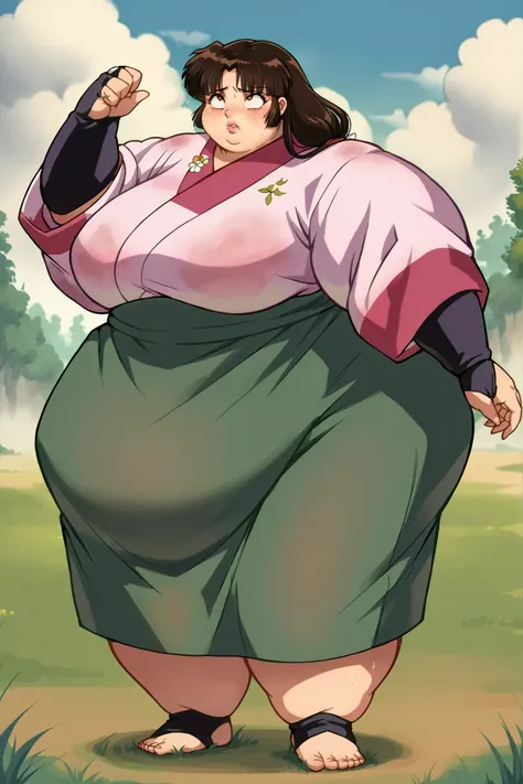 anime screencap, score_9, score_8_up, score_7_up, source_anime BREAK sango, 1girl, solo, brown hair, parted bangs, low-tied long hair, brown eyes, outdoors, grass, day, pink kimono, green long skirt, black bridal gauntlets, giant hands, giant feet, fat, ch...
