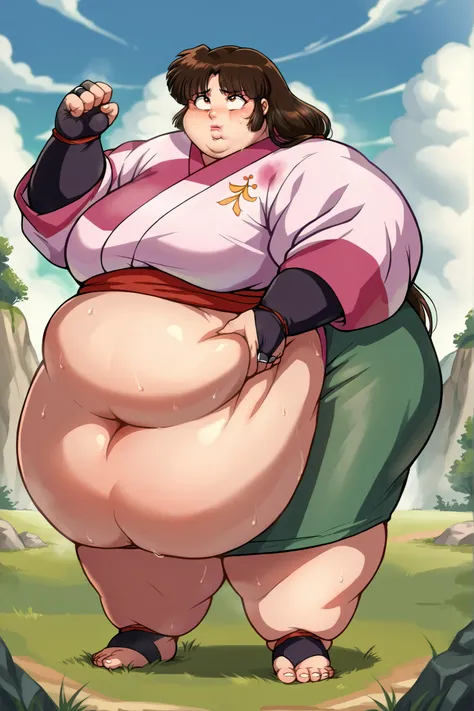 anime screencap, score_9, score_8_up, score_7_up, source_anime BREAK sango, 1girl, solo, brown hair, parted bangs, low-tied long hair, brown eyes, outdoors, grass, day, pink kimono, green long skirt, black bridal gauntlets, giant hands, giant feet, fat, ch...