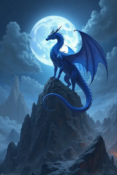 A beautiful blue dragon standing on a rock with a full moon in the sky