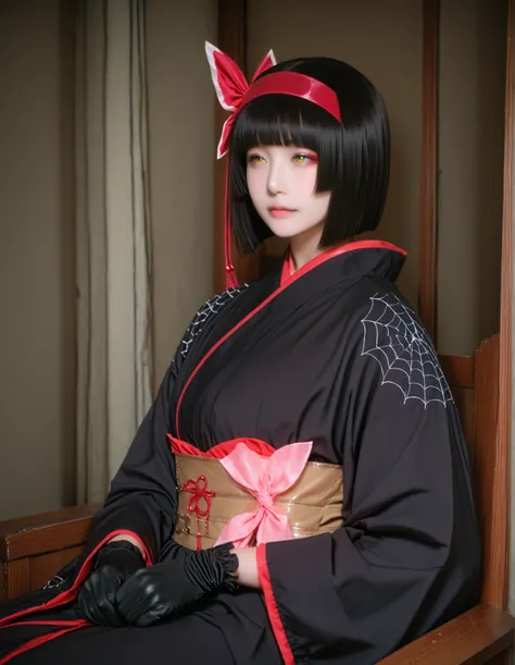 (masterpiece, best quality, amazing quality, very aesthetic, absurdres, newest, ),realistic,cosplay, (detailed eyes, detailed face:1.2), 1girl, solo, mio-mlf, black hair, short hair, blunt bangs, bob cut, bangs, yellow eyes, japanese clothes, kimono, bow, ...