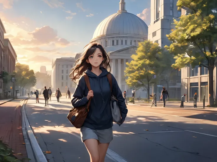  A realistic illustration of a modern city street near MIT in Cambridge, Massachusetts, during early morning. The scene includes a young woman (Ella) running anxiously toward the iconic MIT dome in the distance. She wears a dark hoodie and carries a messen...