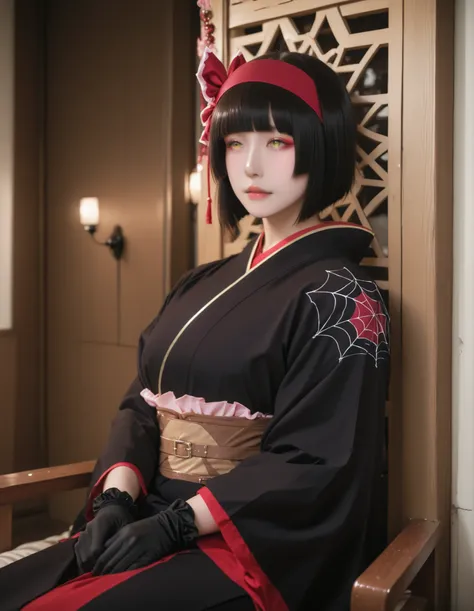 (masterpiece, best quality, amazing quality, very aesthetic, absurdres, newest, ),realistic,cosplay, (detailed eyes, detailed face:1.2), 1girl, solo, mio-mlf, black hair, short hair, blunt bangs, bob cut, bangs, yellow eyes, japanese clothes, kimono, bow, ...