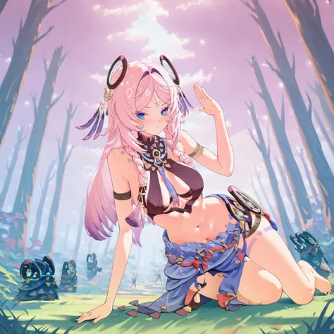1 girl only, They read, from the video game Genshin Impact, forest with its characteristic clothing, pose sexy, (Natlan in the background)