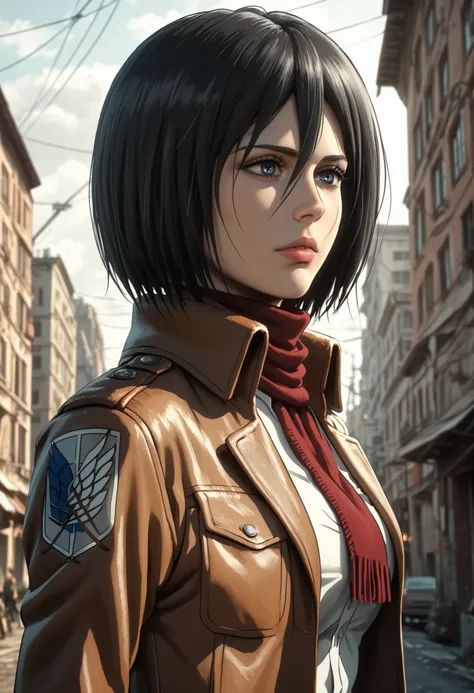 seductive, sexy, mind blowing, hmmikasa, short hair, Mikasa Ackerman, 4k, high quality, detailed, extremely realistic, photorealistic portrait, hyper detailed facial features, intense gaze, seductive expression, defiant posture, leather jacket, red scarf, ...