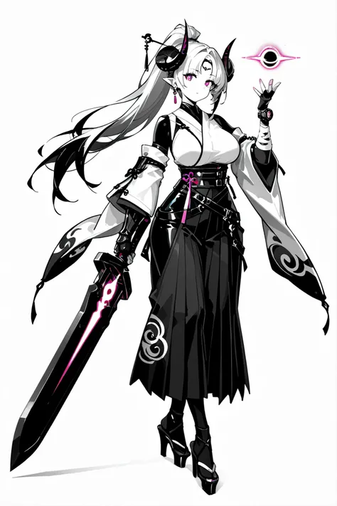 （ , stands，full body，high heels，front view，Standing picture，white background:1.7)，HoleHeels，oval/Circle/Thorn/Horn Heels，,Limited Color Palette,Colorful,Bright Color,flashing silhouette,neon,black light ,watch, masterpiece,，azsd, high ponytail, long hair, ...