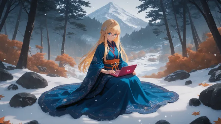 "masterpiece, best quality, 1girl, solo, long blonde hair, blue eyes, studant dress, in an mystical hotspring, sitting next, japanese, mountain view,  web searching, using a laptop, glasses, mystical forest, ancient trees, snowing, pleaseant view, ethereal...