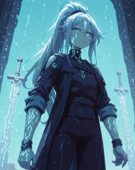 A young male character, with the height and body type of Lloyd de Saloum from Dainanaoji. He has long white hair tied in a high ponytail and the exact facial features of Sylpha Langlis from Tensei Shitara Dai Nana Ōji, but with bright blue eyes and a provo...