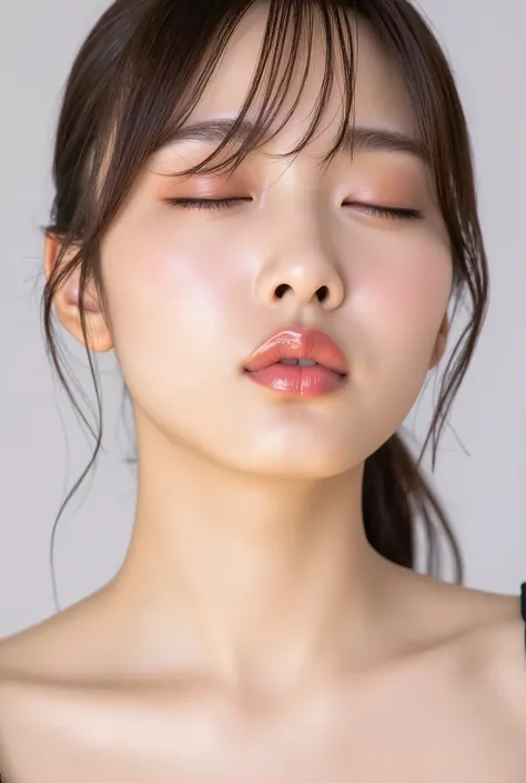ultra-detailed close-up of a beautiful modern girl, collarbone-up composition, white studio background, soft natural lighting, soft focus on background, 
camera angle slightly elevated (about 60 degrees), subject's chin gently raised, head and face facing ...