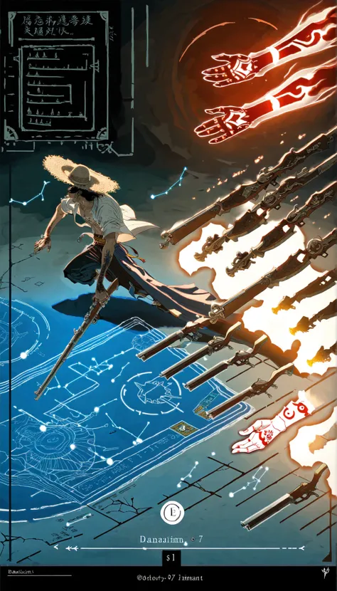 (kiyo (kyokyo1220):0.5), kiginobiru \(hayapi\), nj \(dalo\), (yue \(memento1113\):0.7),\(o\) \(o\), ^ ^, too many muskets, disembodied hand, holding musket, firing, muzzle flash, dynamic lighting, shadow, hand tattoos, multiple rings, glowing, transparent,...