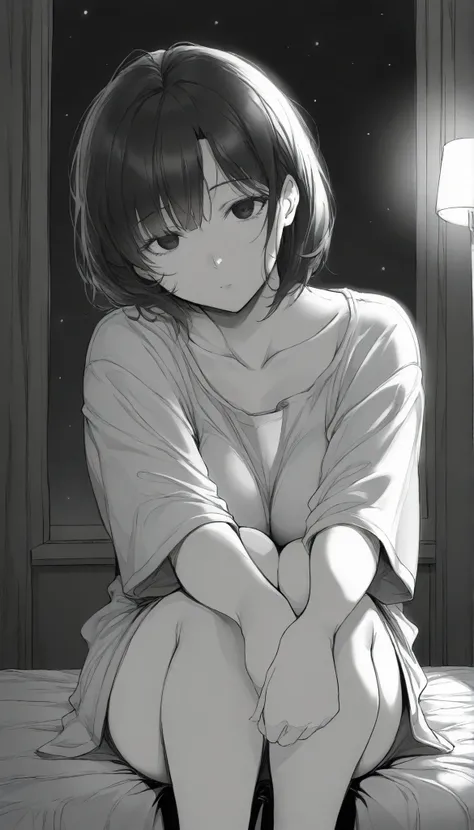 masterpiece,grayscale,manga,1woman, mature, medium bosom, solo, alone, black hair, short hair, bangs, messy, black eyes, dark eyes, night, sitting on bed, oversized shirt covering knees, staring at viewer, head turned