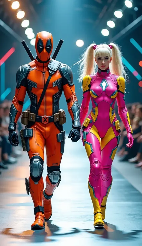 character: 1 man with mask full head wearing futuristic orange Deadpool body suit with silver armor futuristic blue accents , and 1 woman blonde hair Long with two ponytail Bangs Wearing futuristic pink ironman body suit with yellow armor futuristic blue ...