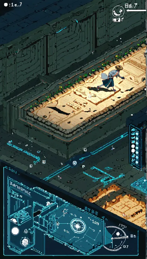 (kiyo (kyokyo1220):0.5), kiginobiru \(hayapi\), nj \(dalo\), (yue \(memento1113\):0.7),\(o\) \(o\), ^ ^, dynamic lighting, shadow, glowing, terrain, crumbling pillars, futuristic crate, plants, dirt, ancient stone path, BREAK, 1boy side view, walking, hol...