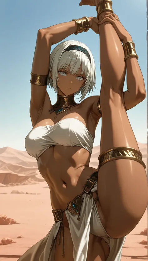 best quality,
1 girl,armlet,armpits,arms up,bandeau,black hairband,blu sky,bracelet,breasts,clenched hand,closed mouth,dark skinned female, dark skin,gold armlet,gold bracelet,gold thighlet,grey eyes,hairband,jewelry,midium breasts,navel,short hair,sky,sol...
