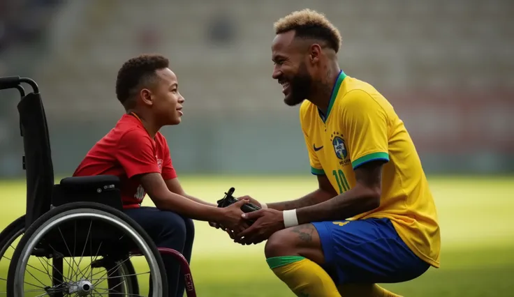 ((RAW Photo), absurd, (absurdresolution)), masterpiece, best quality, (Extremely detailed 8k unity CG wallpaper), (best illustration), (best shadow), Realistic lighting, Young boy in wheelchair holding Neymar’s shoes tightly, tears in his eyes, Neymar crou...