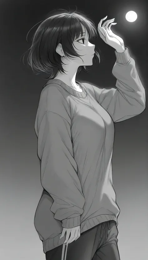 masterpiece,grayscale,manga,1woman, mature, medium bosom, solo, alone, black hair, short hair, bangs, messy, black eyes, dark eyes, night, loose oversized sweater, sweatpants, (side profile, head tilted up, staring at the moon, arm raised for sky)