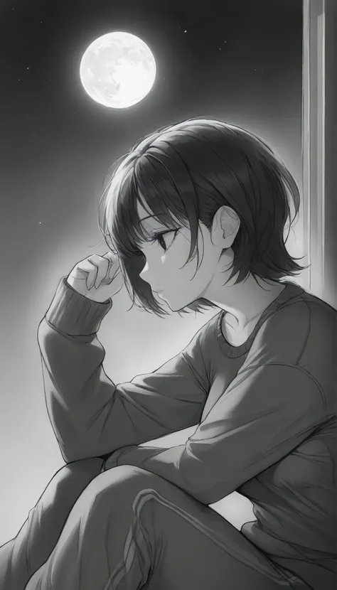 masterpiece,grayscale,manga,1woman, mature, medium bosom, solo, alone, black hair, short hair, bangs, messy, black eyes, dark eyes, night, loose oversized sweater, sweatpants, (closeup, side profile, head tilted up, staring at the moon, arm raised for sky)