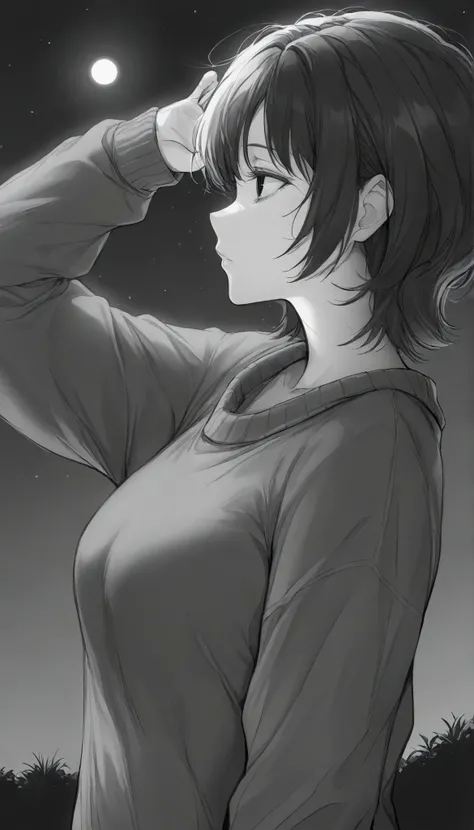 masterpiece,grayscale,manga,1woman, mature, medium bosom, solo, alone, black hair, short hair, bangs, messy, black eyes, dark eyes, night, loose oversized sweater, (closeup, side profile, head tilted up, looking at the moon, arm raised for sky)