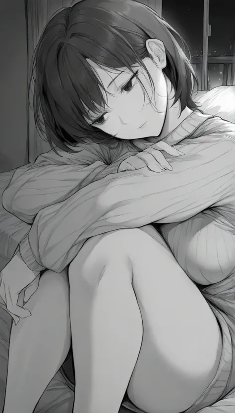 masterpiece,grayscale,manga,1woman, mature, medium bosom, solo, alone, black hair, short hair, bangs, messy, black eyes, dark eyes, night, loose oversized sweater, bed, (looking away, head tilt, arms over knees)