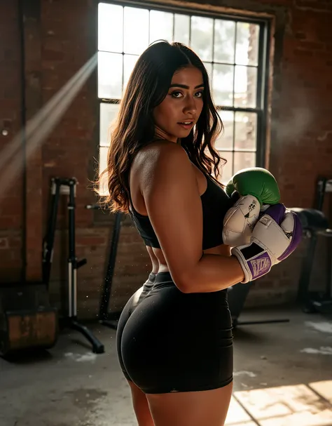 A powerful and focused young athletic woman with light skin and long wavy dark brown hair, wearing a fitted black short-sleeve top and black high-waisted workout shorts. She stands in a dimly lit, gritty industrial warehouse with exposed red brick walls, c...