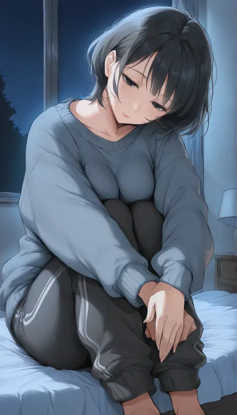 masterpiece,manga,1woman, mature, medium bosom, solo, alone, black hair, short hair, bangs, messy, black eyes, dark eyes, night, loose oversized sweater, sweatpants, bed, (looking away, head tilt, arms over knees)