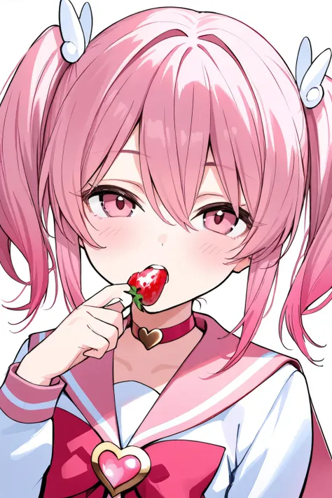 Girl, pink hair, twin tails, hair between the eyes, heart choker, pink eyes, masterpiece, high quality, eating strawberry, pink and white sailor suit,