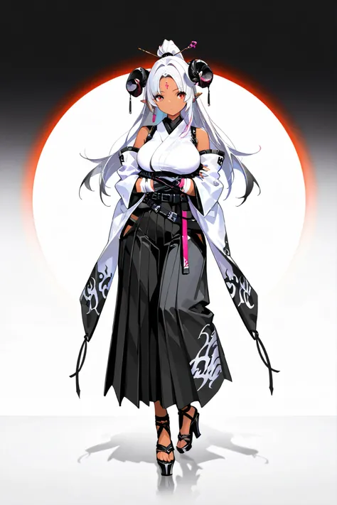 （ , stands，full body，high heels，front view，Standing picture，white background:1.7)，HoleHeels，oval/Circle/Thorn/Horn Heels, tan skin, arms crossed, Colorful,Bright Color,flashing silhouette,neon,black light ,watch, masterpiece,，azsd, high ponytail, long hair...