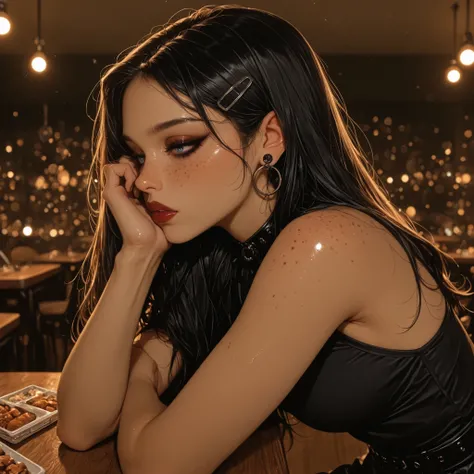 Anatomically Correct, High Resolution, Masterpiece, Detail, High Details, High Quality, Super Detailed, Retina, ray tracing, bokeh, depth of field, mature model, in lunchroom, sitting at table, long black hair, goth outfit, skinny, heavy eye makeup, side v...