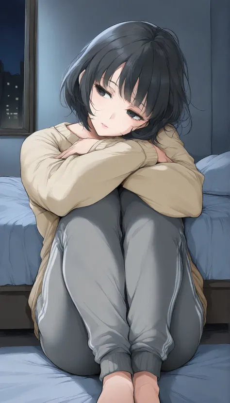 masterpiece,manga,1woman, mature, medium bosom, solo, alone, black hair, short hair, bangs, messy, black eyes, dark eyes, night, loose oversized sweater, sweatpants, bed, (looking away, head tilt, arms over knees)