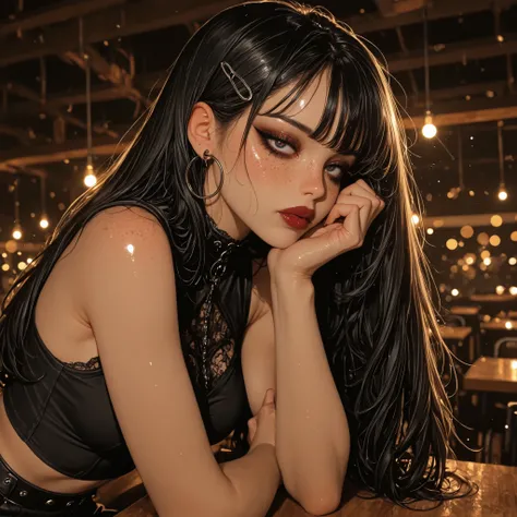 Anatomically Correct, High Resolution, Masterpiece, Detail, High Details, High Quality, Super Detailed, Retina, ray tracing, bokeh, depth of field, mature model, in lunchroom, sitting at table, long black hair, goth outfit, skinny, heavy eye makeup, side v...