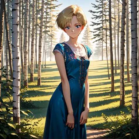 masterpiece, amazing quality, best quality, ultra-detailed, 8K, illustration, clear skin, ultra-detailed-eyes, soft skin, very awa, very as2, soft body, 1990s \(style\), official art, haruka tenou, blonde hair, blue eyes, parted bangs, short hair, very sho...